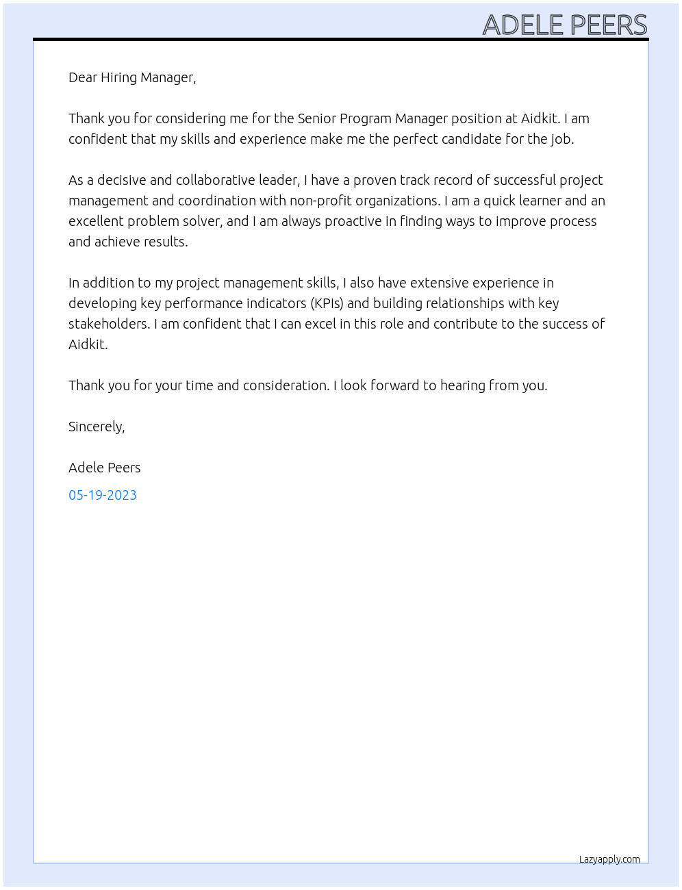 Senior Program Manager At Aidkit Cover Letter