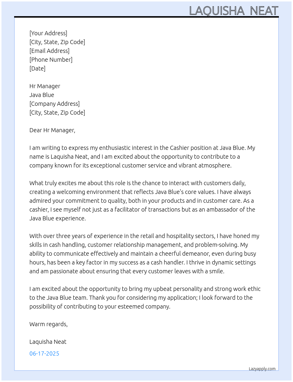 Cashier At Java Blue Cover Letter