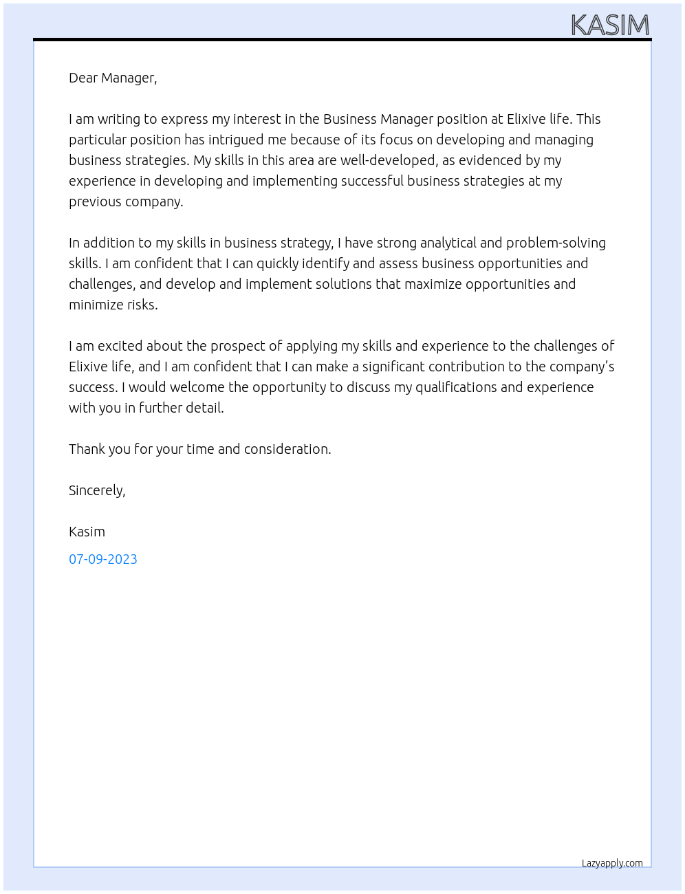 Business manager At Elixive life Cover Letter