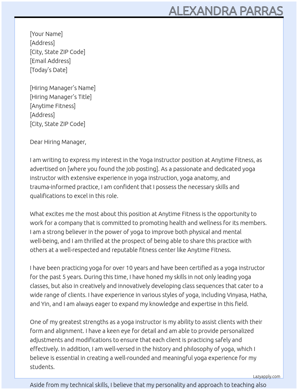 Yoga Instructor At Anytime Fitness Cover Letter