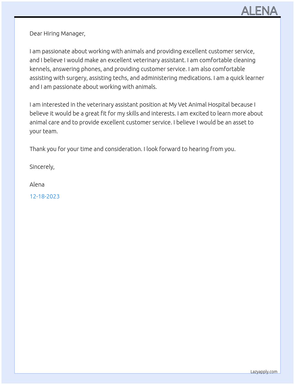 Veterinary assistant At My vet animal hospital Cover Letter