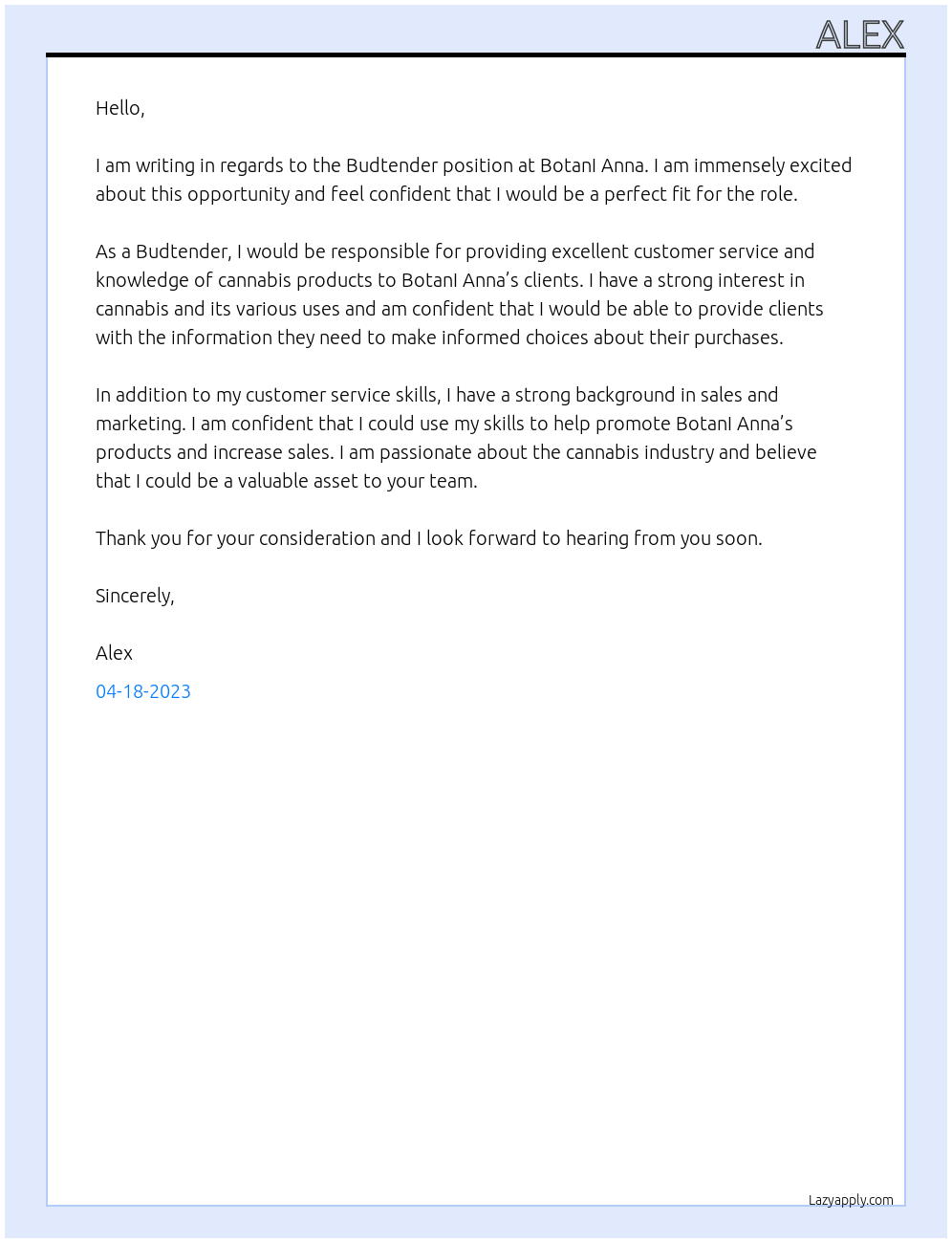 Budtender At BotanI Anna Cover Letter