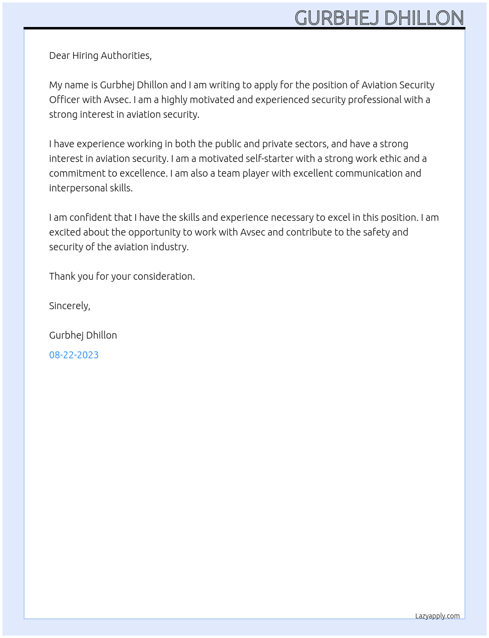 Aviation security officer At Avsec Cover Letter