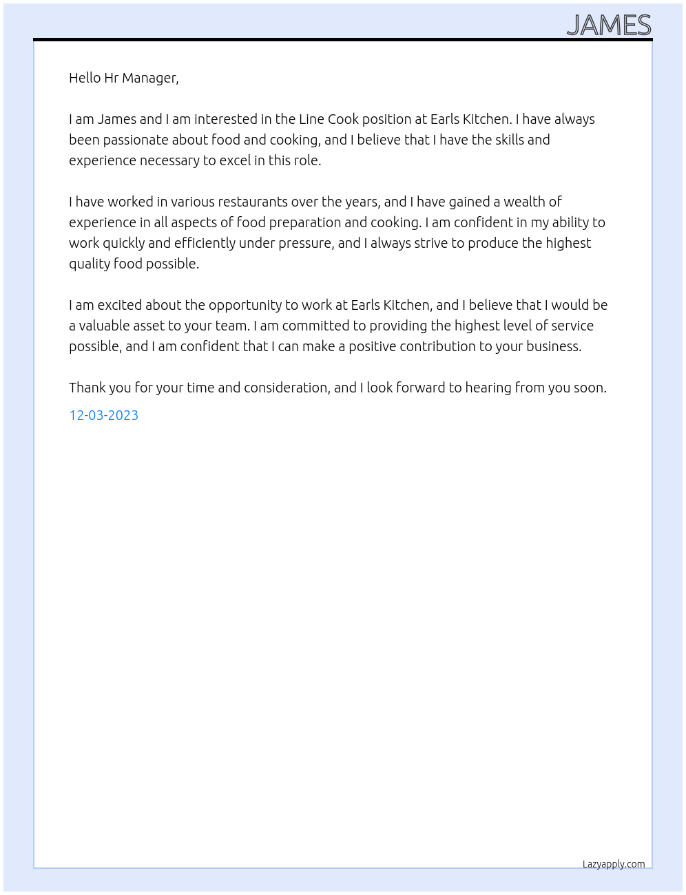 Line Cook At Earls Kitchen Cover Letter