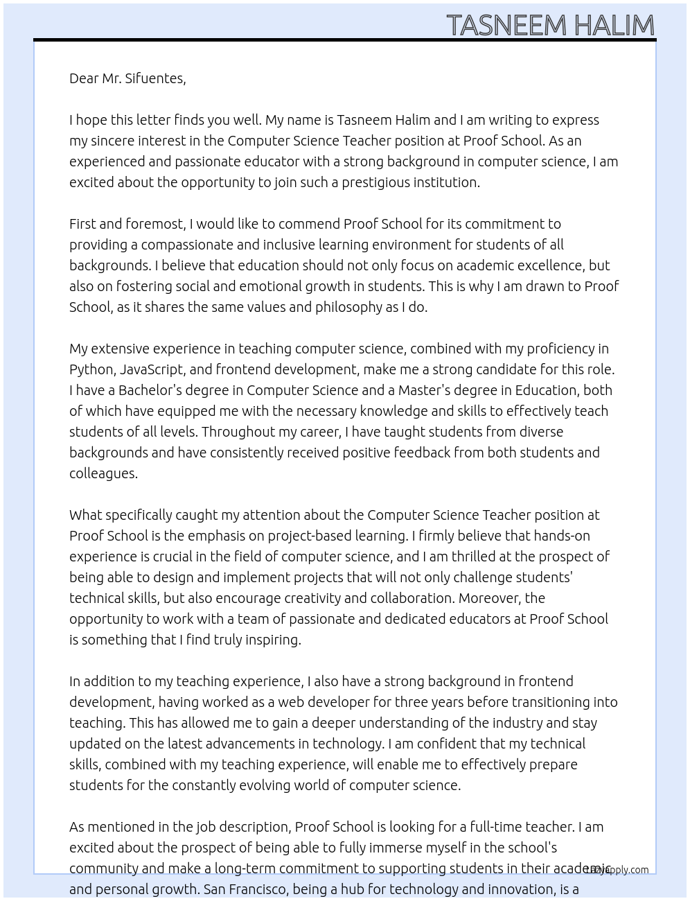 Computer Science Teacher At Proof School Cover Letter