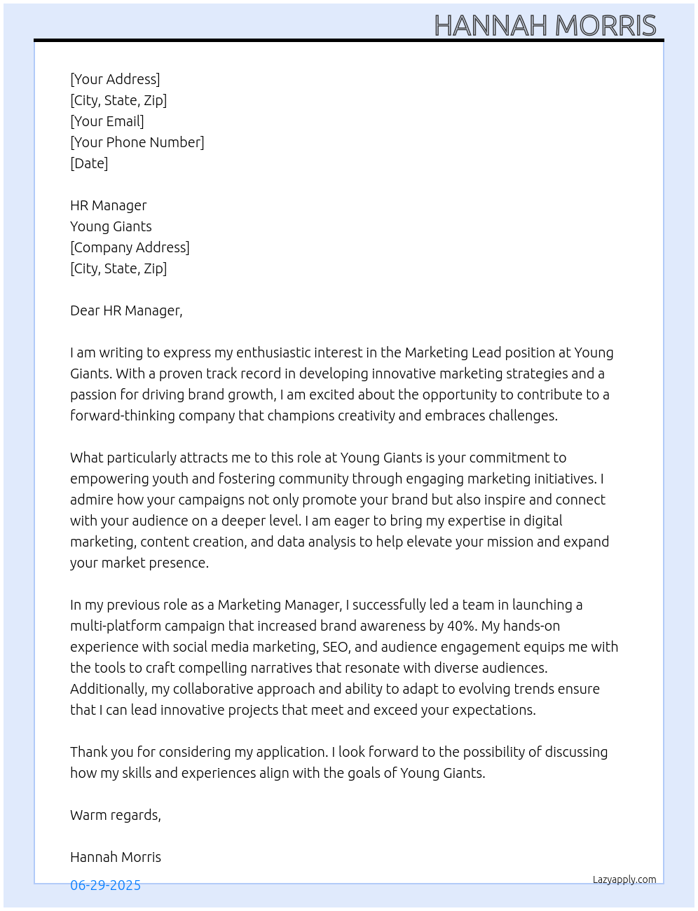 Cover letter for marketing lead - LazyApply