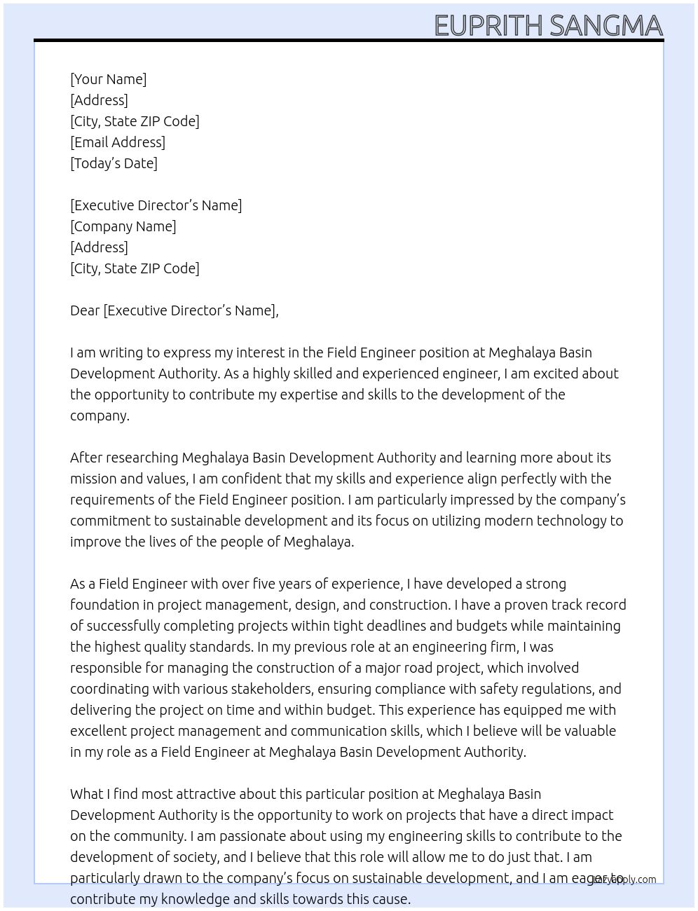 Field Engineer At Meghalaya Basin Development Authority Cover Letter