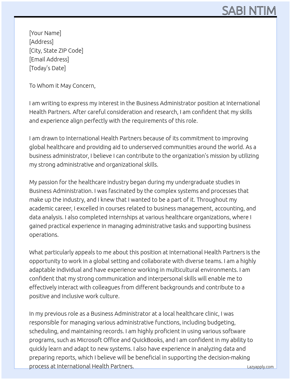 Business Administrator At International Health Partners Cover Letter
