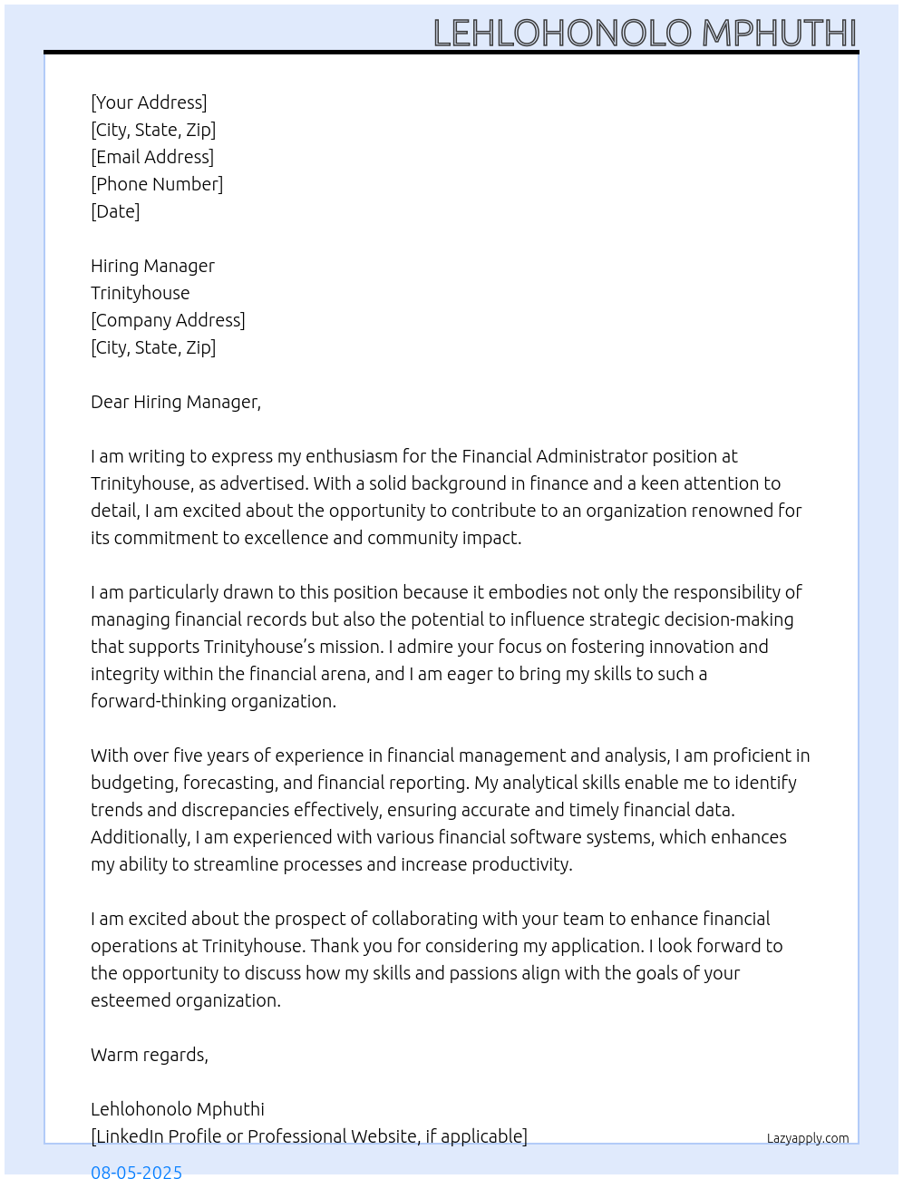 Cover letter for financial administrator - LazyApply