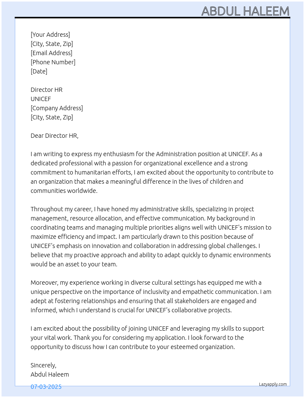 Administration At UNICEF Cover Letter