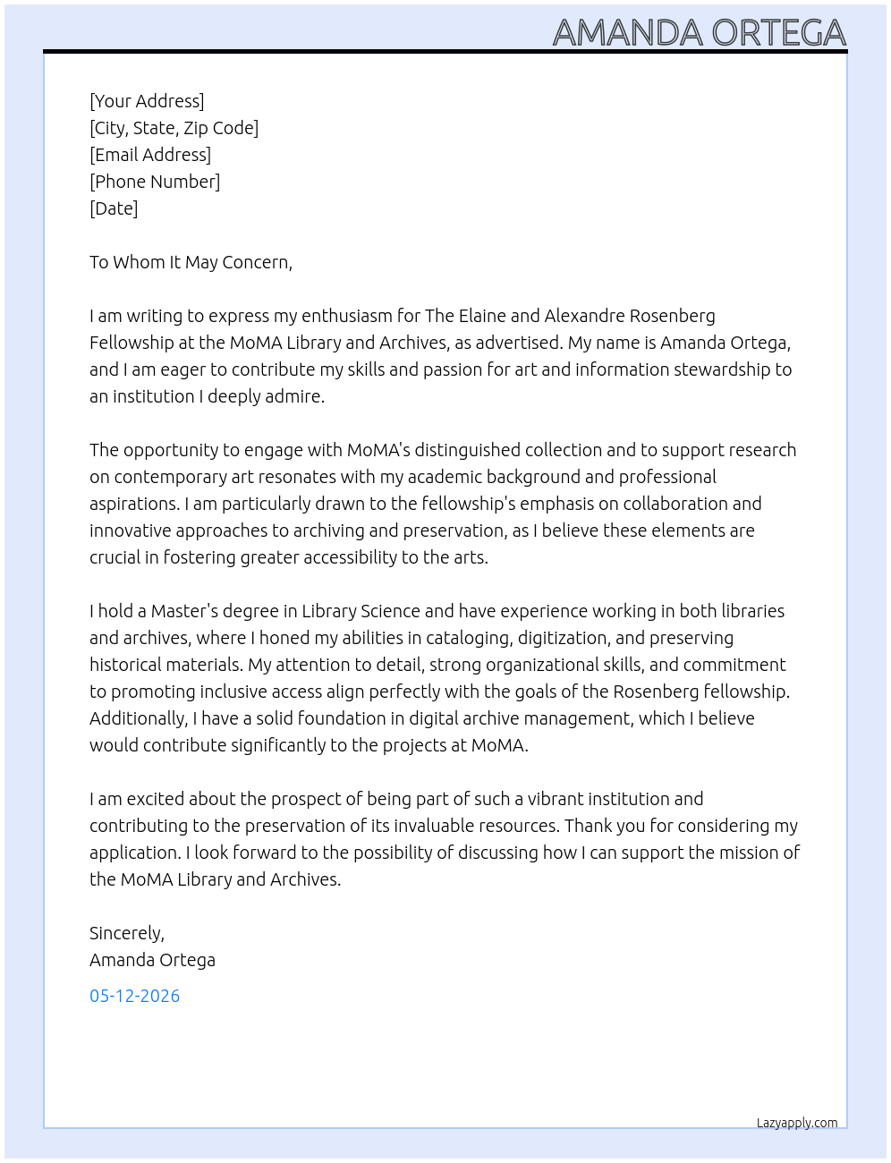  The Elaine and Alexandre Rosenberg Fellowship At Moma library and archives Cover Letter