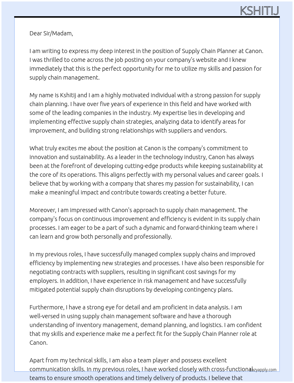 Supply Chain Planner At Canon Cover Letter