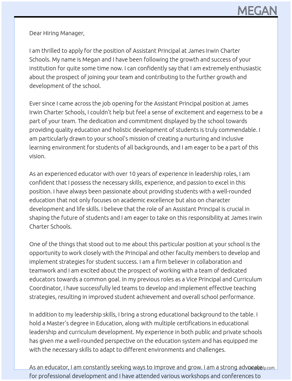 Assistant Principal At James Irwin Charter Schools Cover Letter