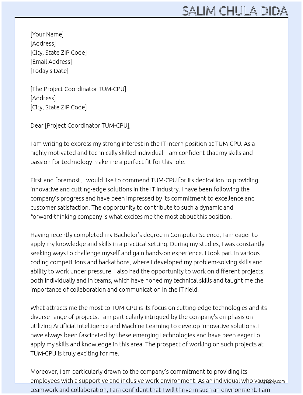 IT Intern At TUM-CPU Cover Letter