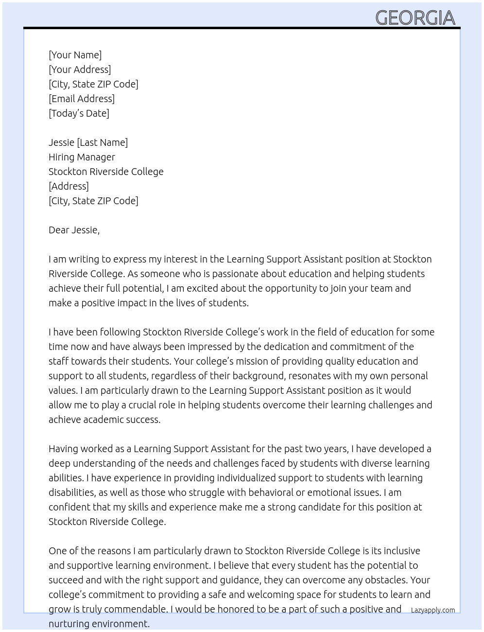 Learning support assistant At Stockton riverside college Cover Letter