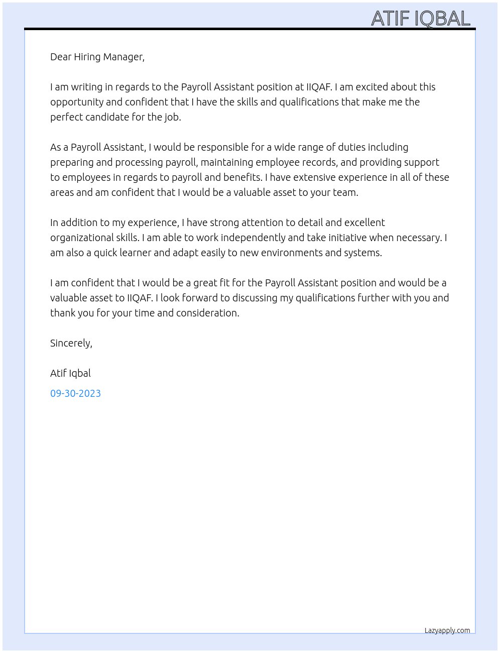 Payroll Assistant At IIQAF Cover Letter