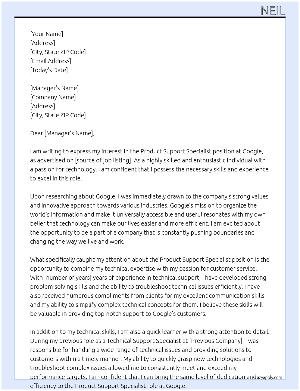 product support specialist At google Cover Letter