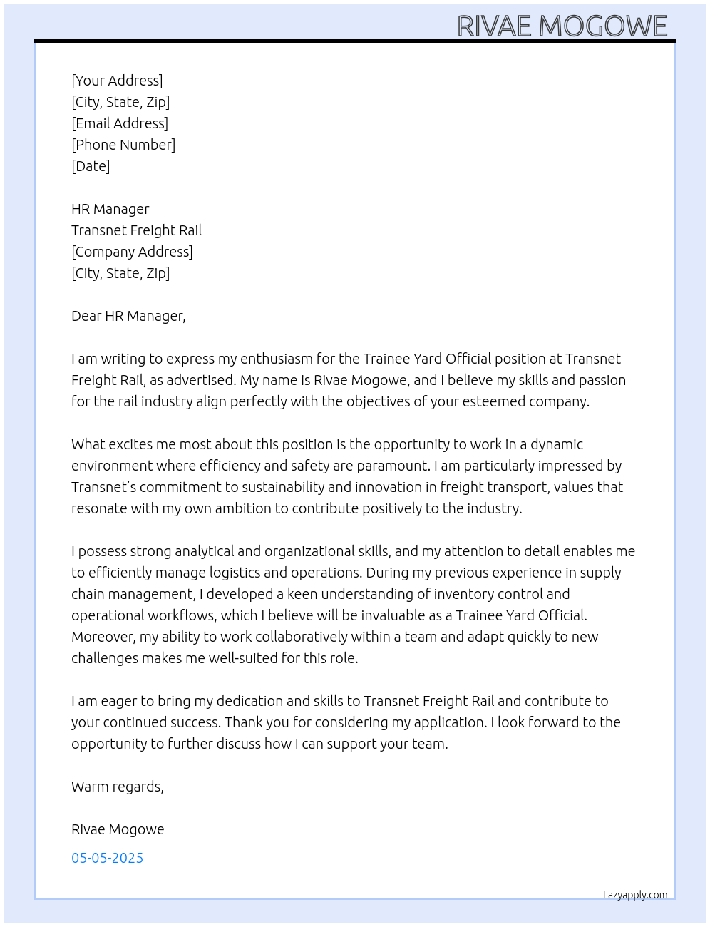 Trainee yard official  At Transnet Freight rail Cover Letter