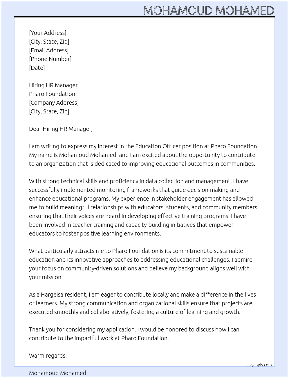 Education officer At Pharo Foundation Cover Letter