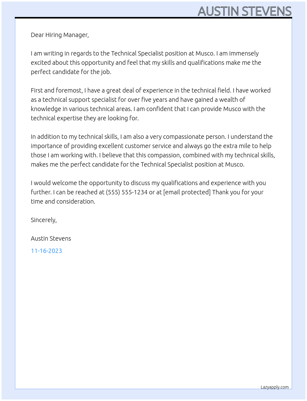 Technical Specialist At Musco Cover Letter