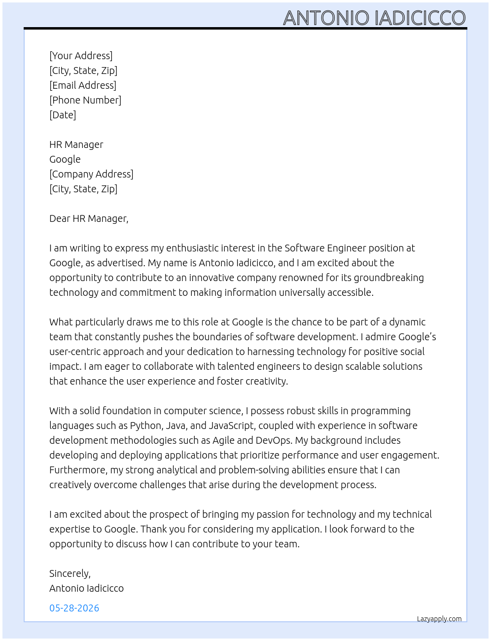 software engineer At Google Cover Letter