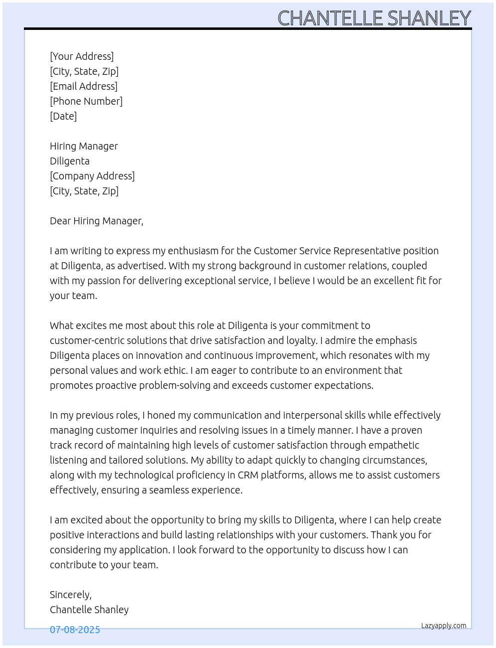 Customer Service Representative At Diligenta Cover Letter
