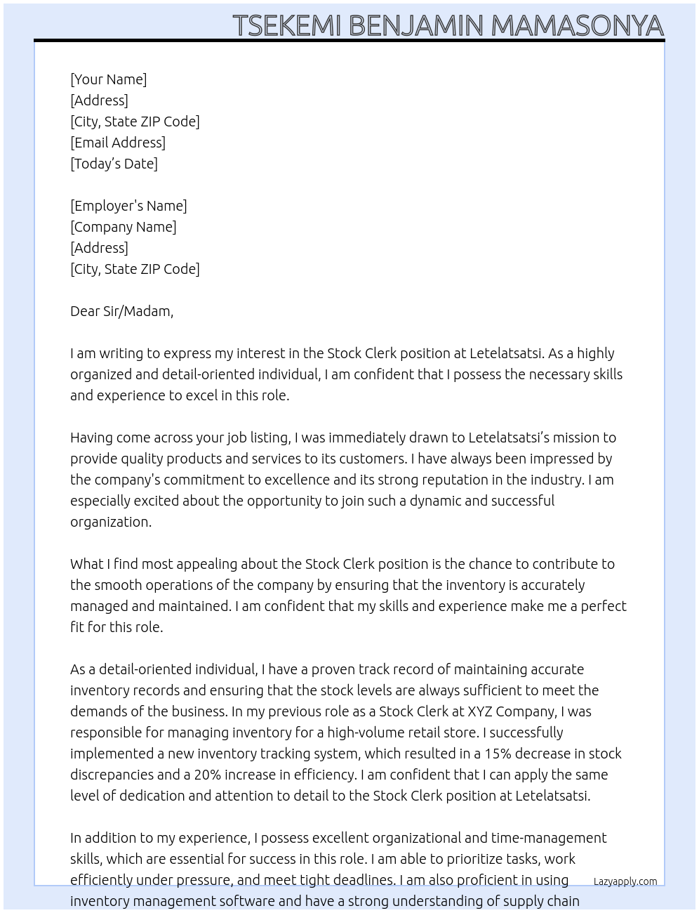 Stock Clerk At Letelatsatsi Cover Letter