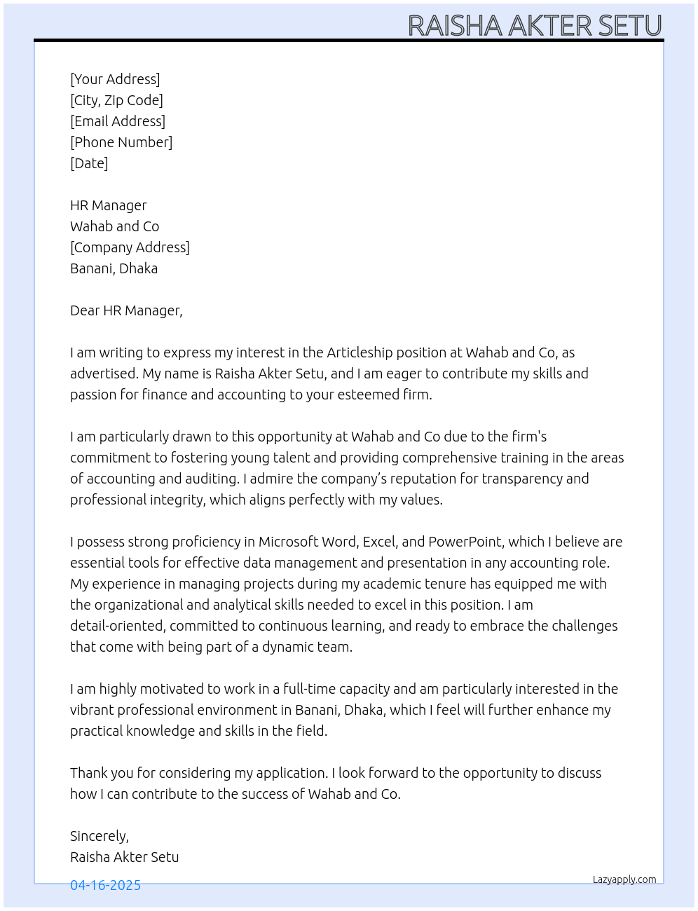 Articleship At Wahab and Co Cover Letter