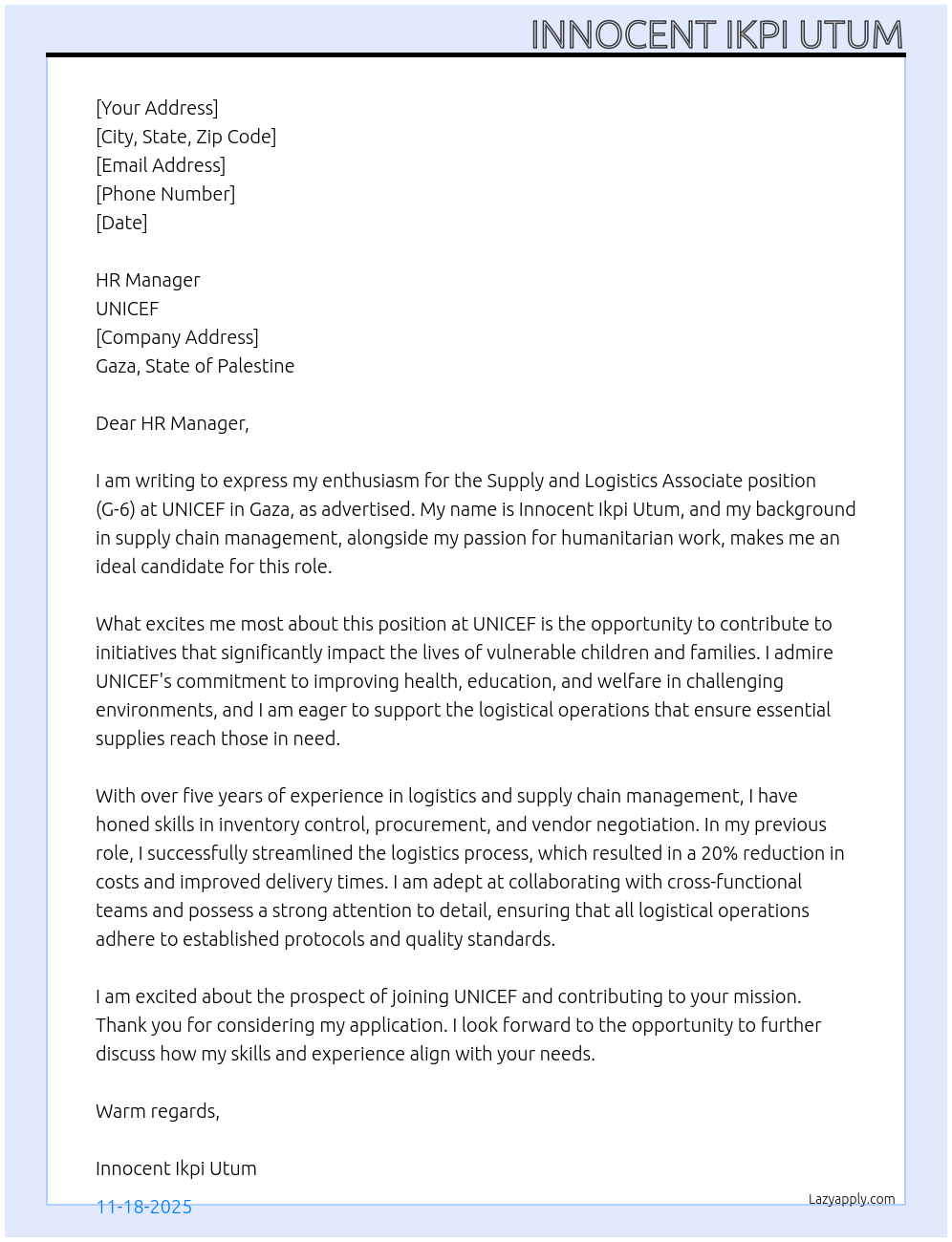 Supply and logistics associate, G-6, Gaza, State of Palestine At UNICEF Cover Letter