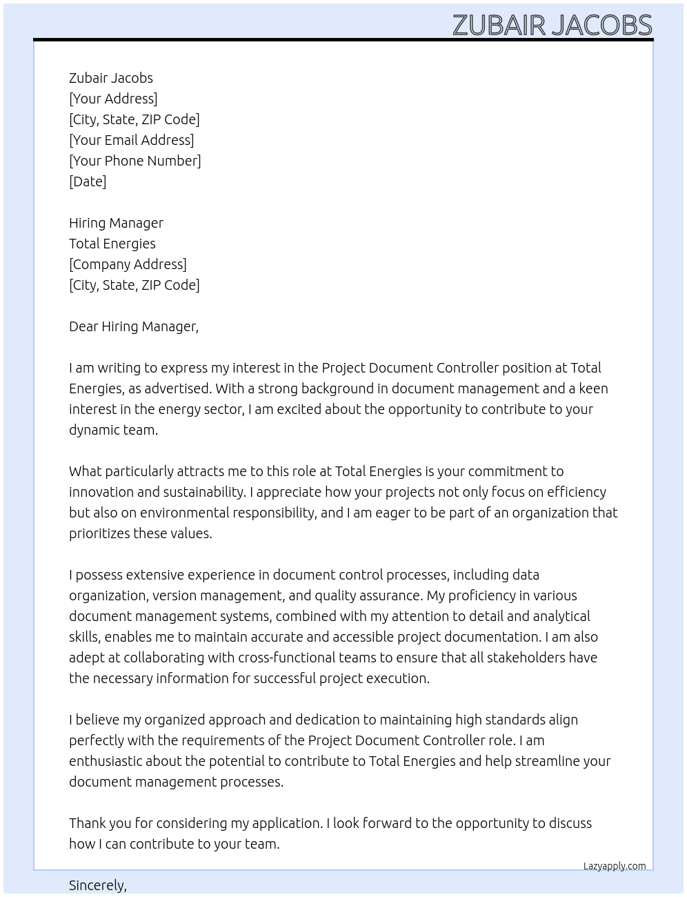 Project document controller At Total energies Cover Letter