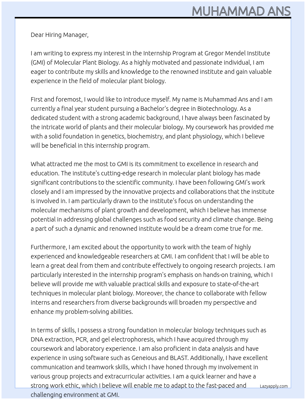 Internship program At Gregor Mendel Institute (GMI) of Molecular Plant Biology. Cover Letter