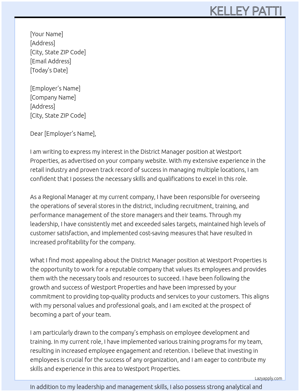 District Manager At Westport Properties Cover Letter