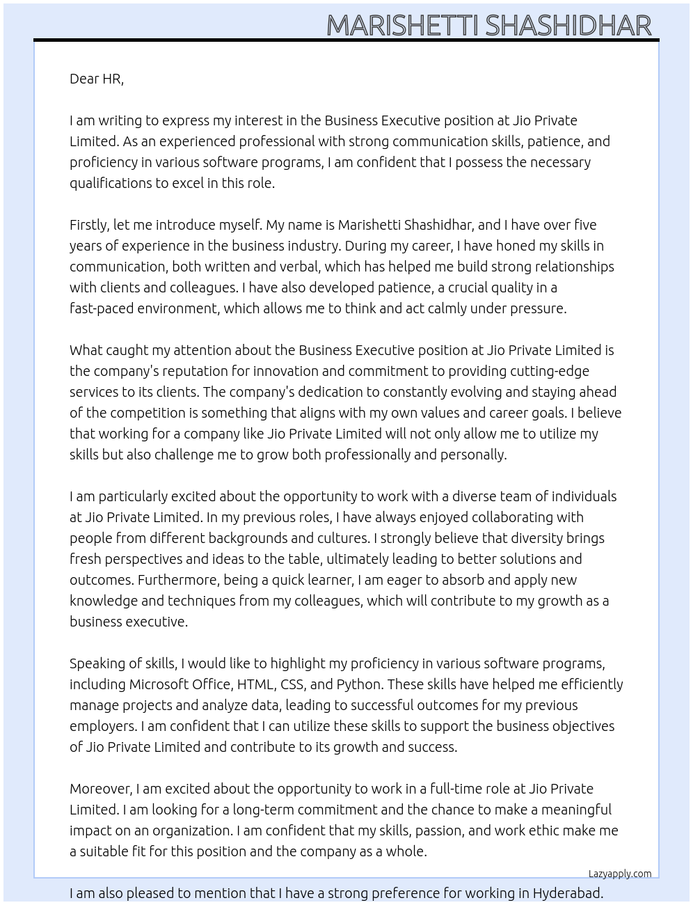 Business Executive  At Jio private limited  Cover Letter