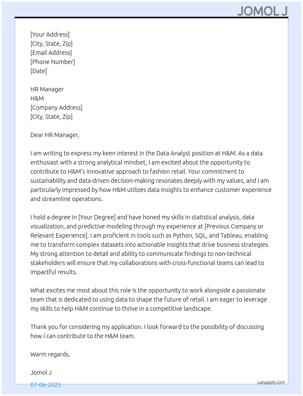 Data Analyst At H&M Cover Letter