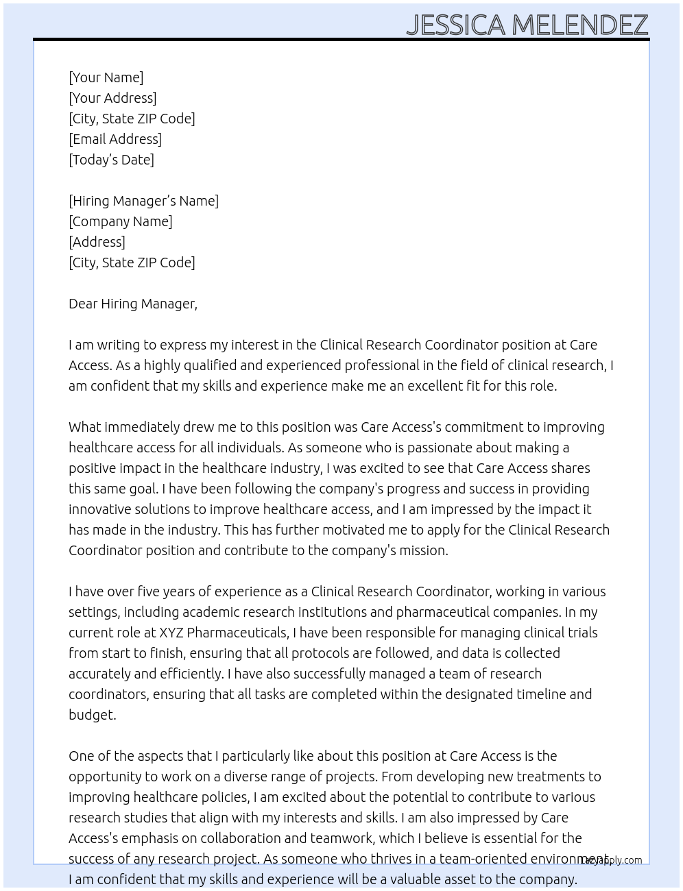 Clinical Research Coordinator At Care Access Cover Letter