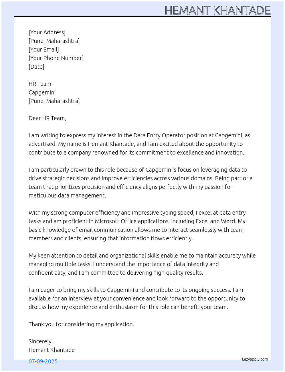 Data entry At Capgemini Cover Letter