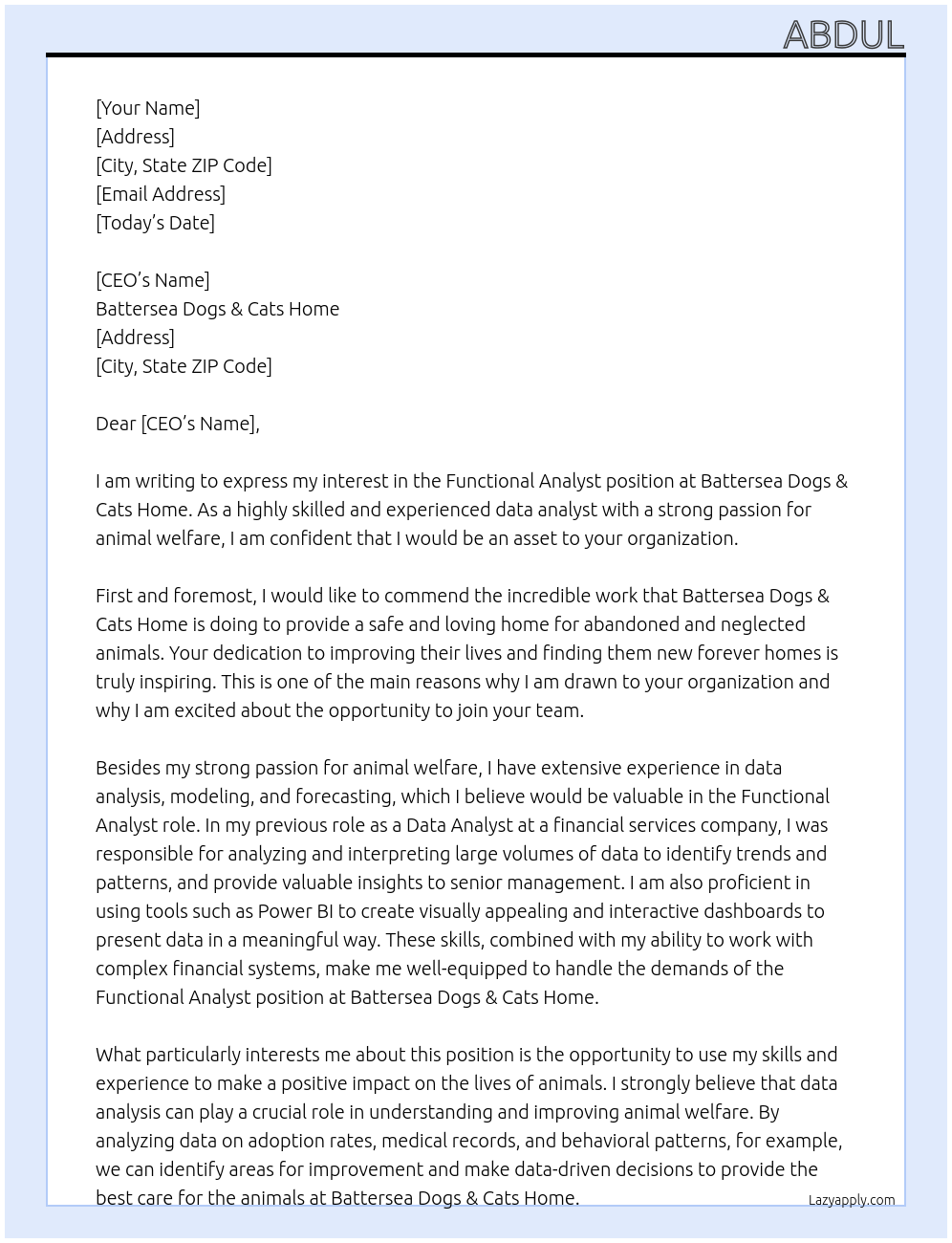 Functional Analyst At Battersea Dogs & Cats Home Cover Letter
