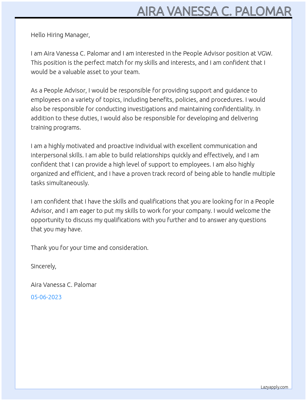 People Advisor At VGW Cover Letter