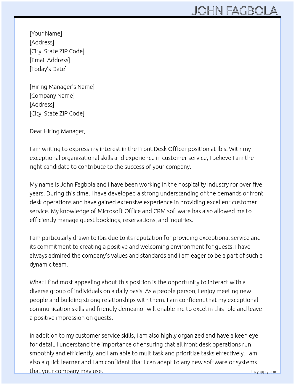 Front Desk Officer At Ibis Cover Letter