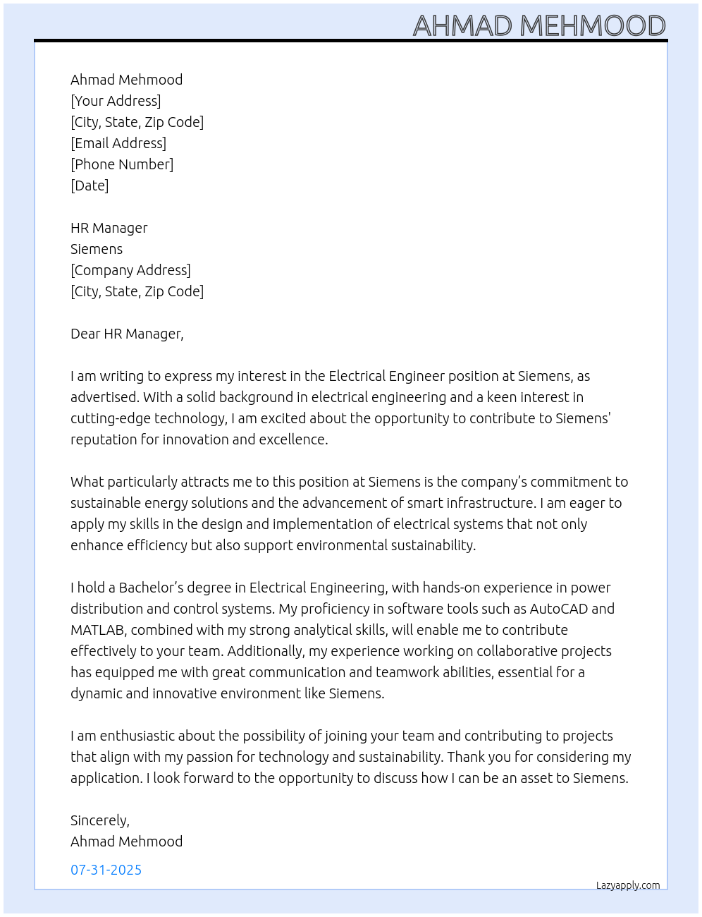 Electrical Engineer At Siemens Cover Letter