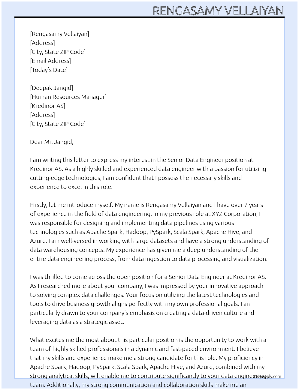 Senior Data Engineer At Kredinor AS Cover Letter