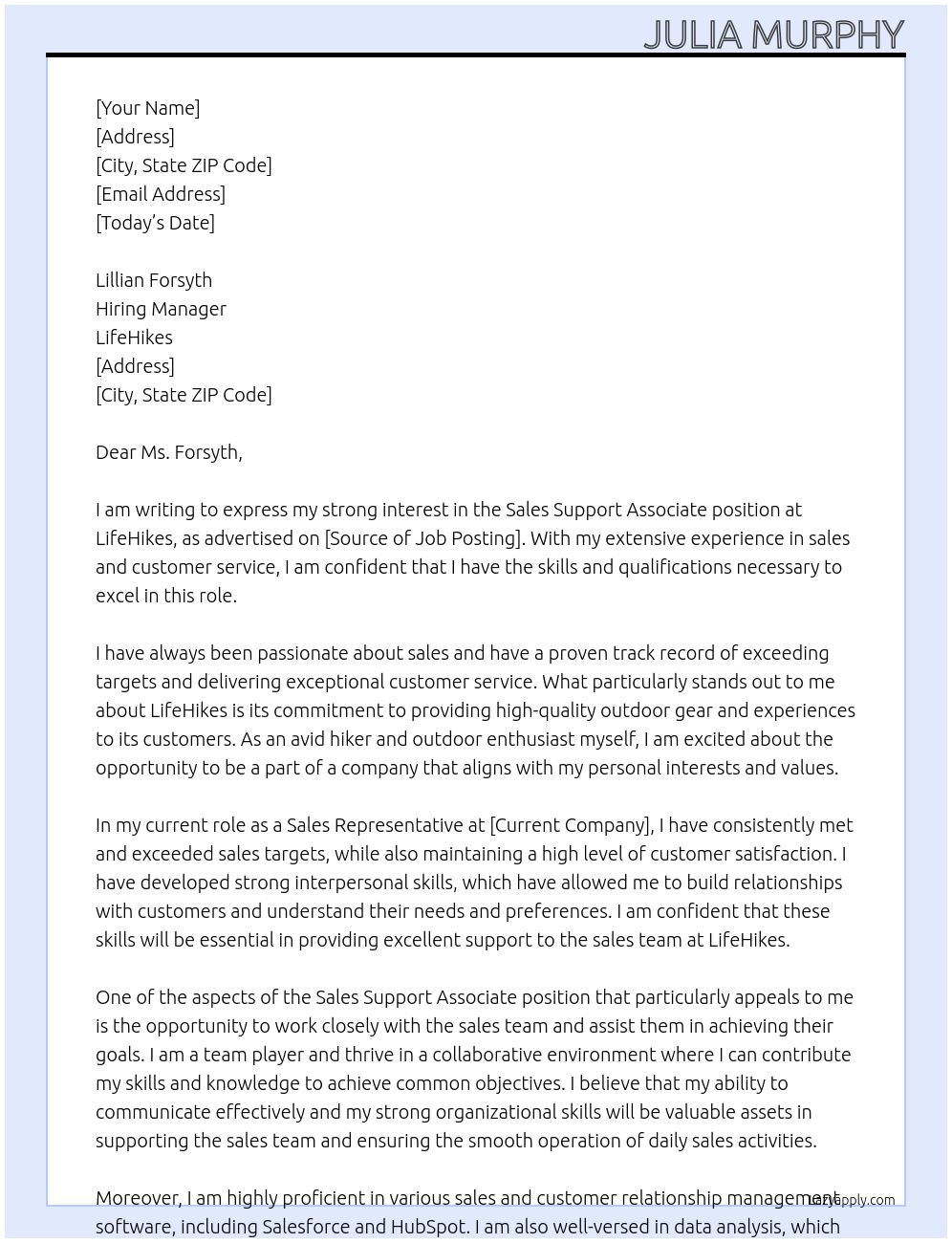 Sales Support Associate At LifeHikes Cover Letter