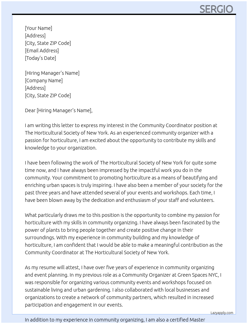 Community Coordinator At The Horticultural Society of New York Cover Letter