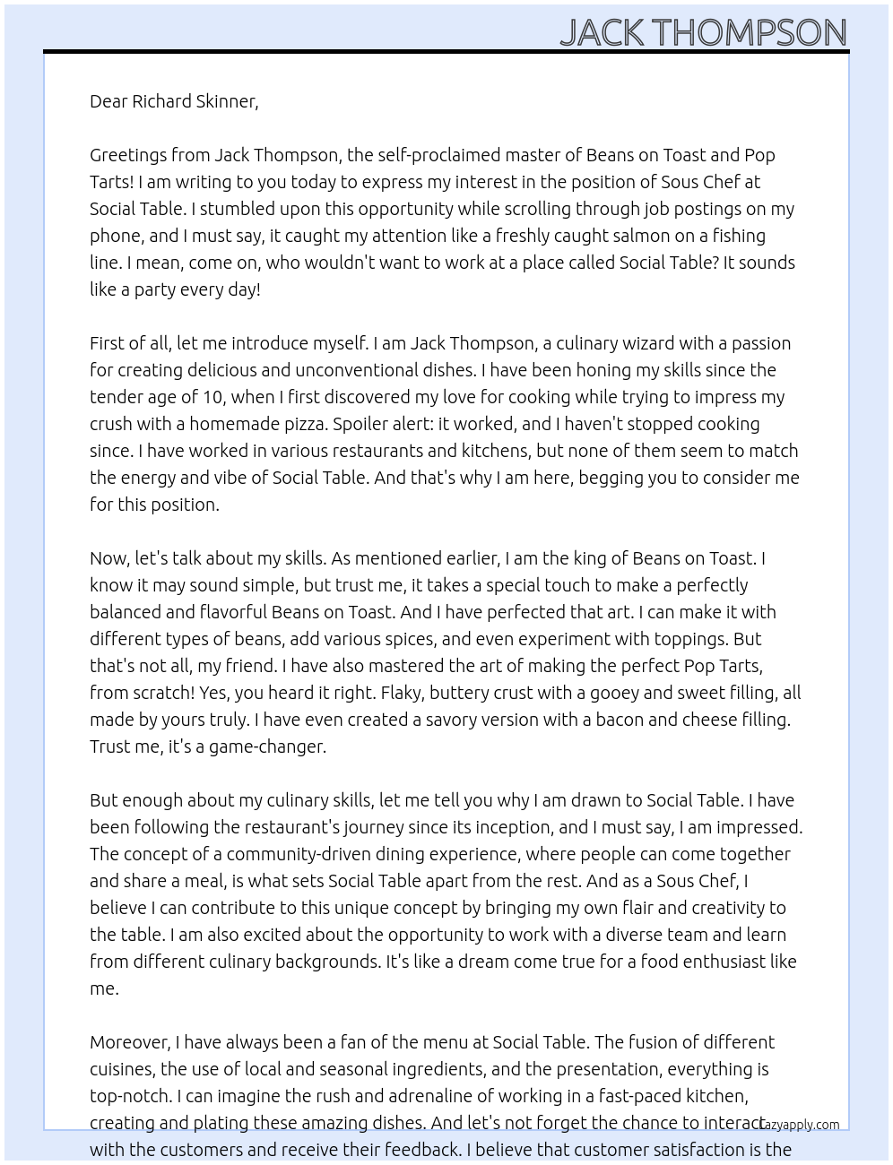 Sous Chef At Social Table Cover Letter