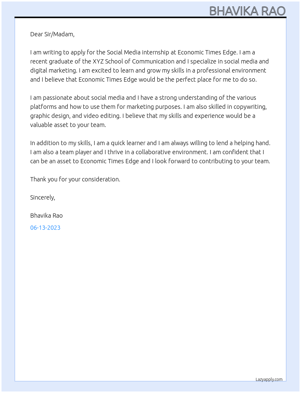 Social Media internship At Economic Times Edge Cover Letter