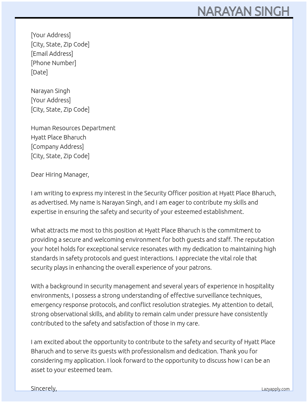 Security Officer  At Hyatt Place Bharuch  Cover Letter