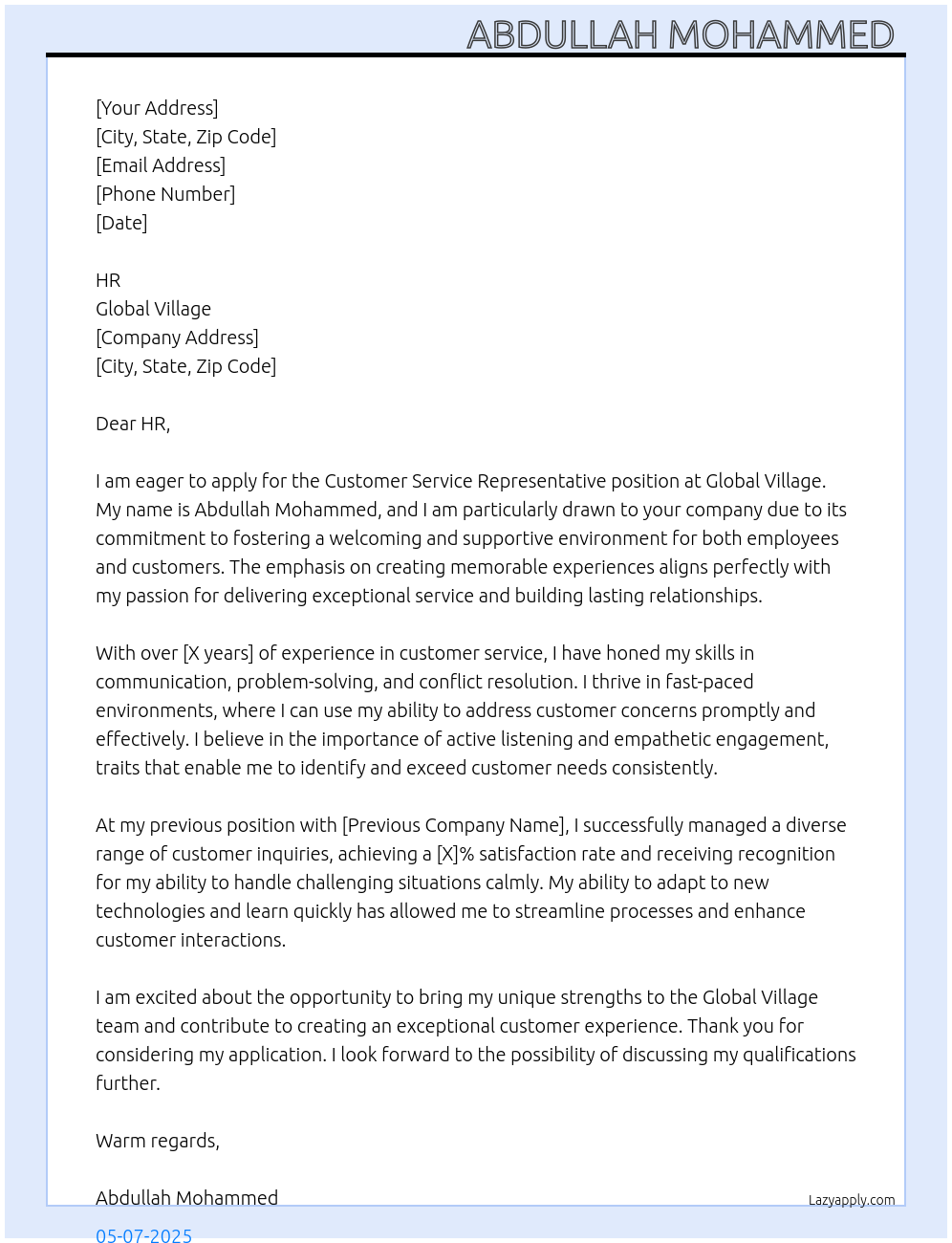Customer service representative At Global village Cover Letter