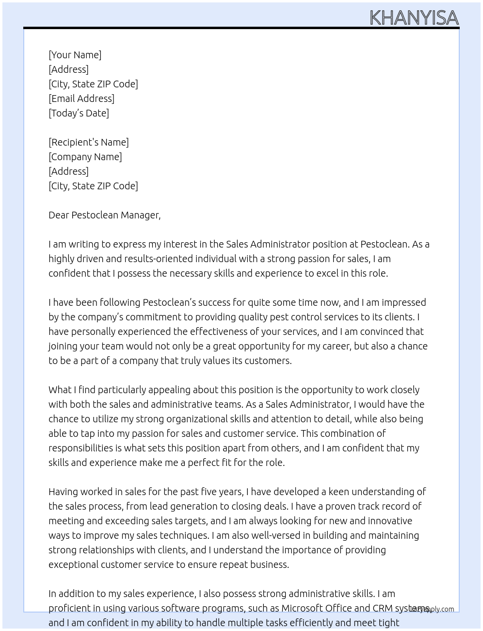 Sales Administrator At Pestoclean Cover Letter