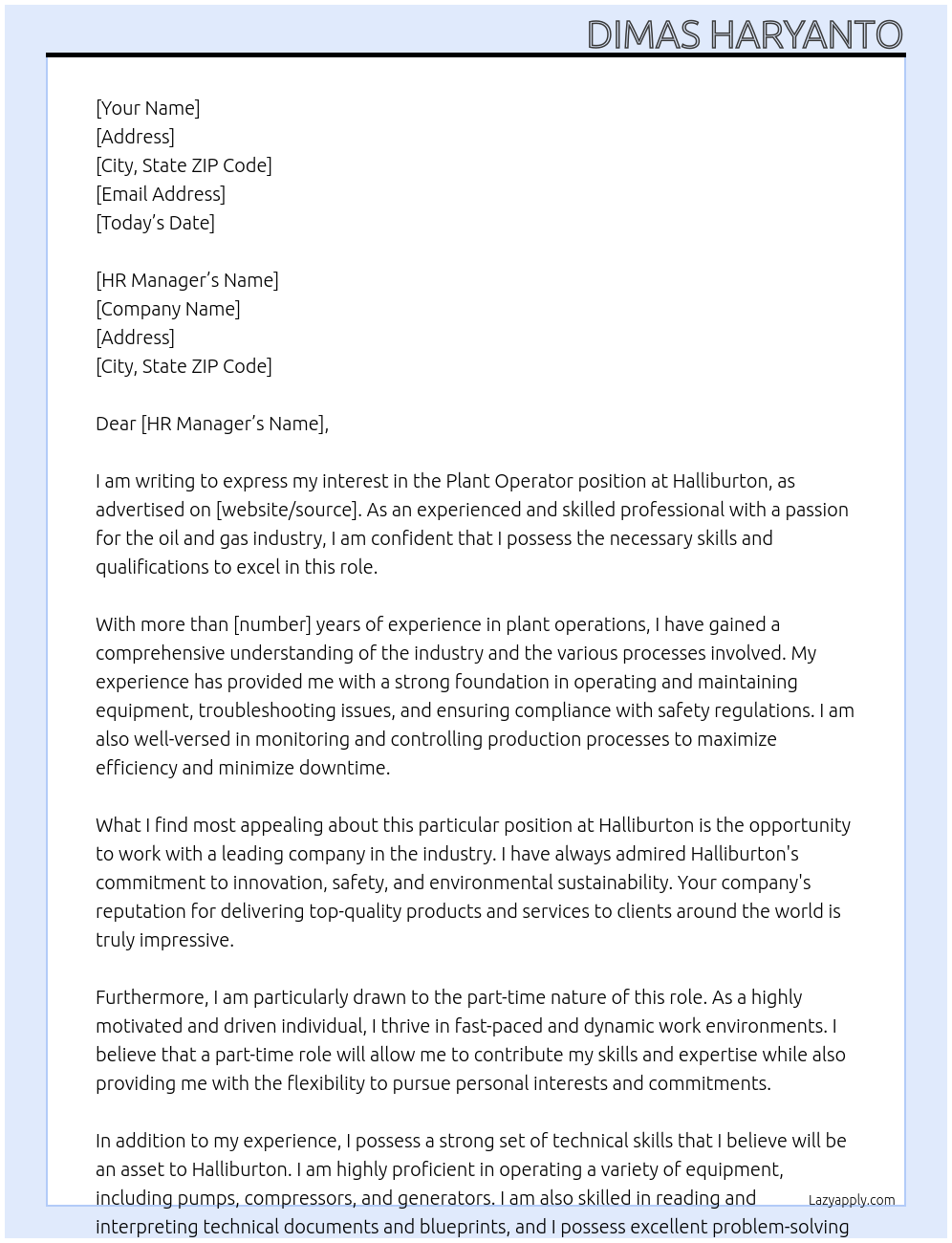 Plant Operator At Halliburton Cover Letter