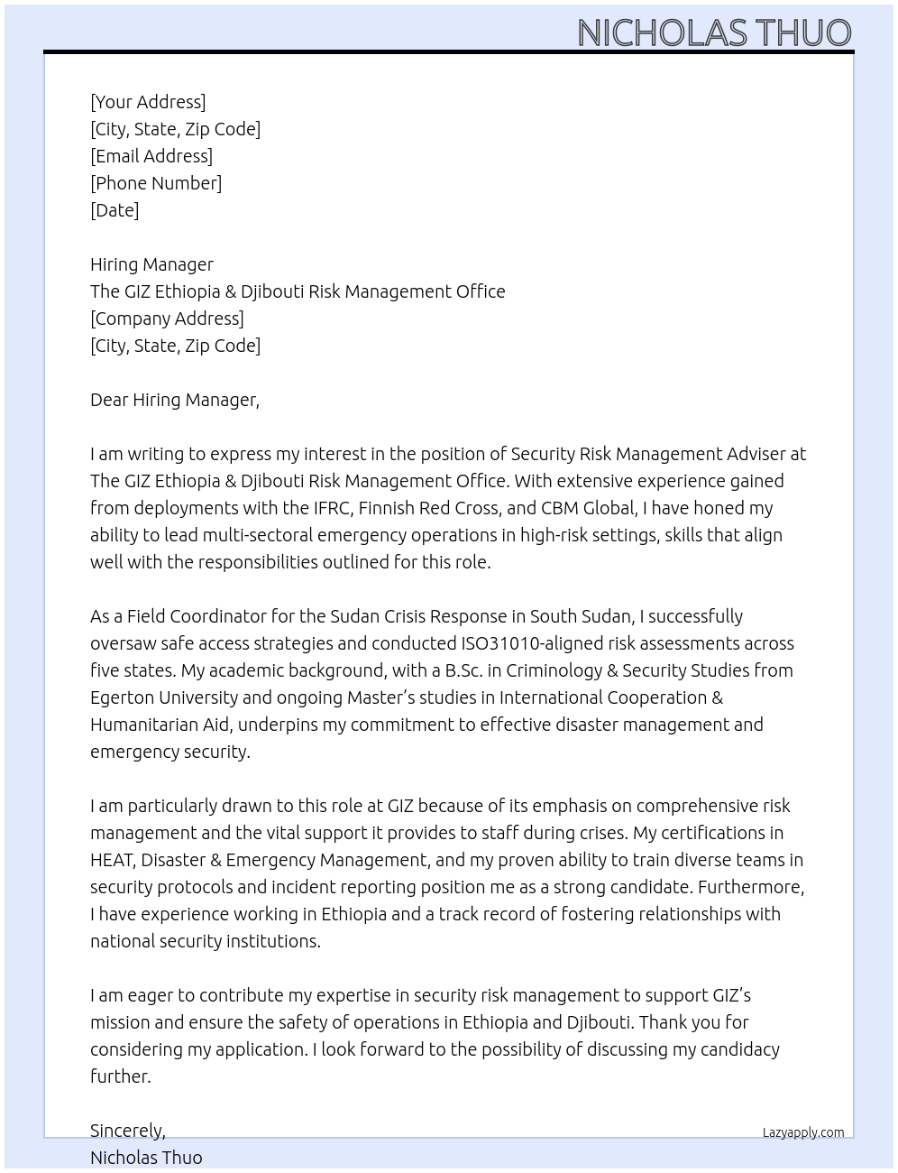  Security Risk Management Adviser At The GIZ Ethiopia & Djibouti Risk Management Office Cover Letter
